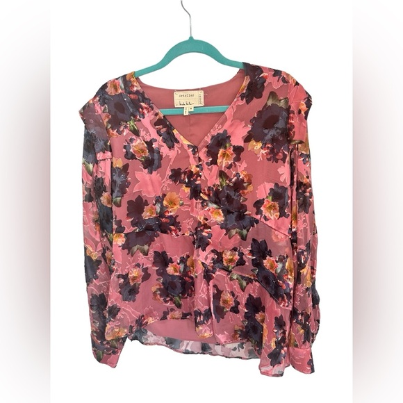 NICOLE MILLER Floral Print Silk Blouse Long Sleeve Burnout Ruffle Pink M… - Picture 3 of 7